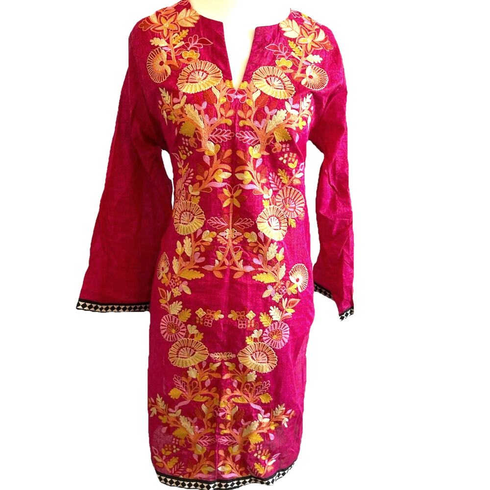 pink tunic Embroidered Kaftan dress floral ethnic sana safinaz Long Sleeve NWOT